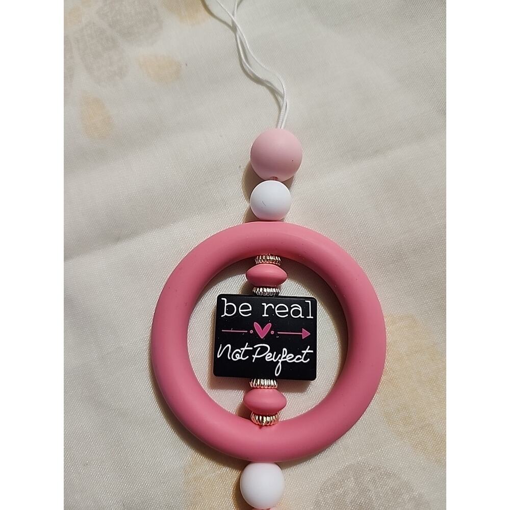 Beaded Car Charm For Rear View 'Be Real Not Perfect' Pink Handmade - Picture 4 of 5